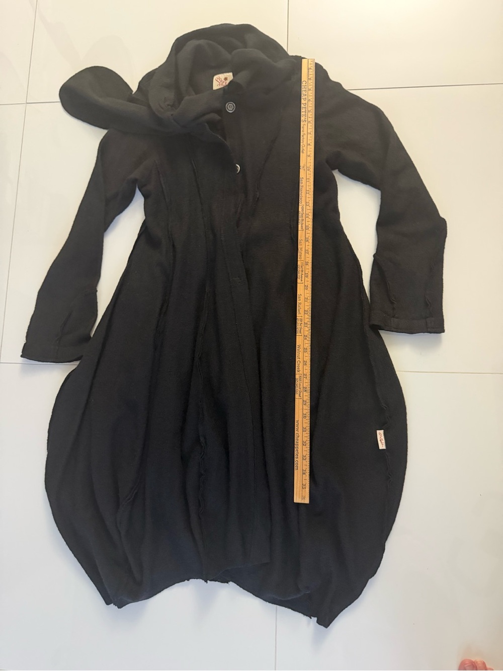 Black Long Bubble Hem Coat with Scarf Collar - Picture 6 of 9